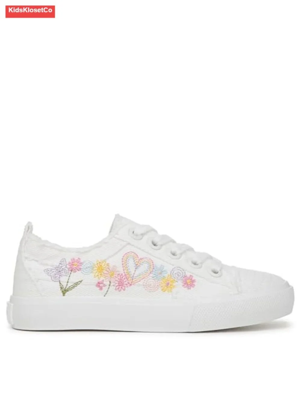 Kids Denim Fabric Sneakers Lace-Up Floral Embroidered Low Top Casual Walking